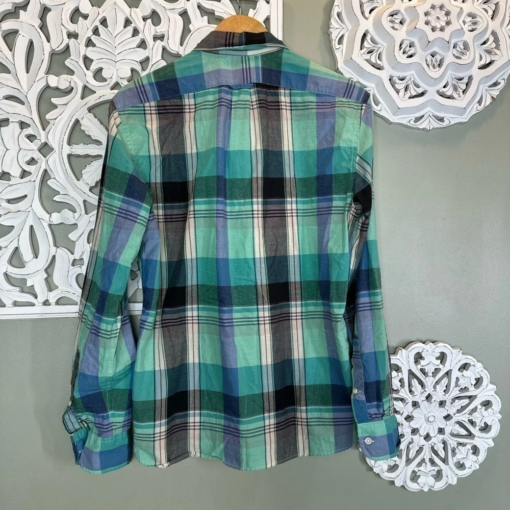 J. Crew Indian Madras Men's Slim Fit Lightweight Plaid Shirt Teal Surf Medium